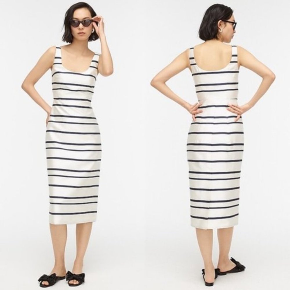 J CREW navy and white jacquard stripe sheath midi dress